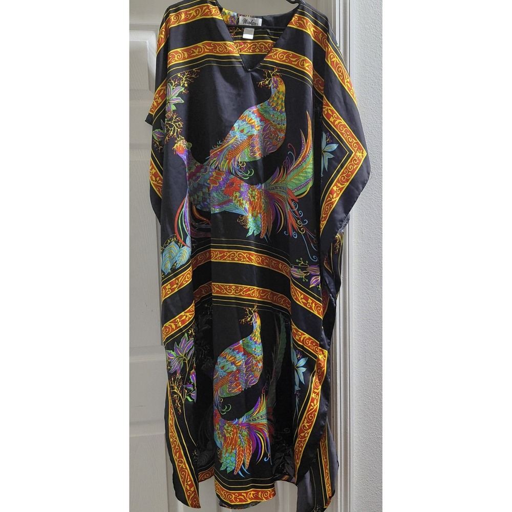 Winlar One Size Black Peacock Caftan Kaftan Maxi Dress Multicolor Boho